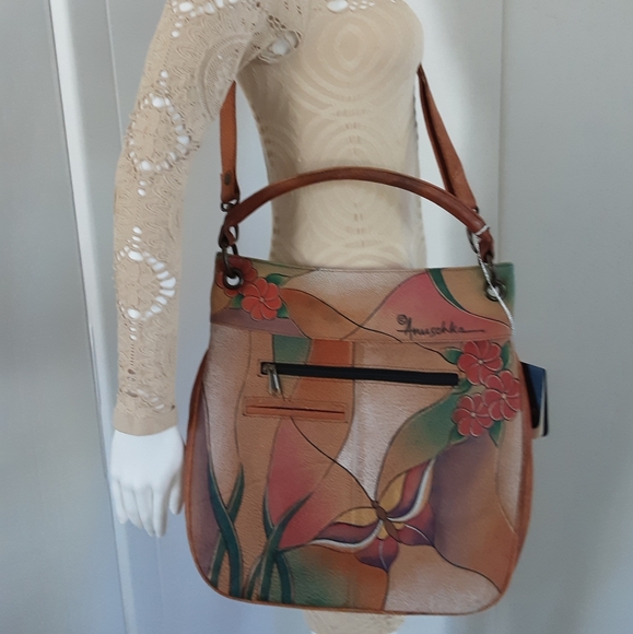 ANUSCHKA Anna Hand-Painted 100% Leather Hobo Butterfly Floral Crossbody Handbag - Picture 5 of 12